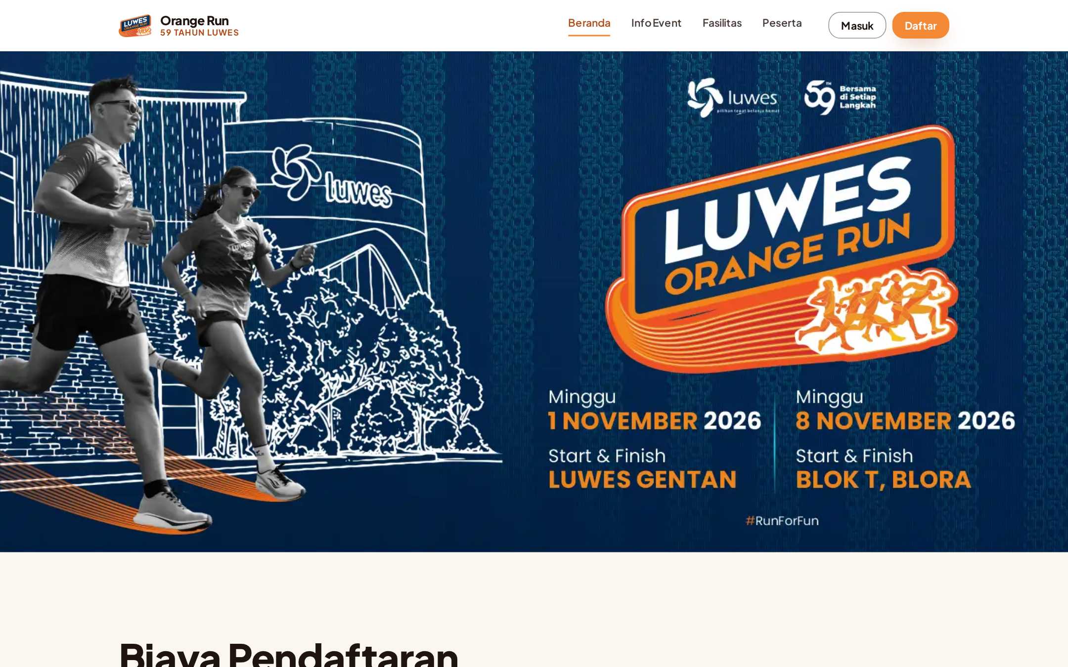Halaman beranda situs Luwes Orange Run 2026 di desktop
