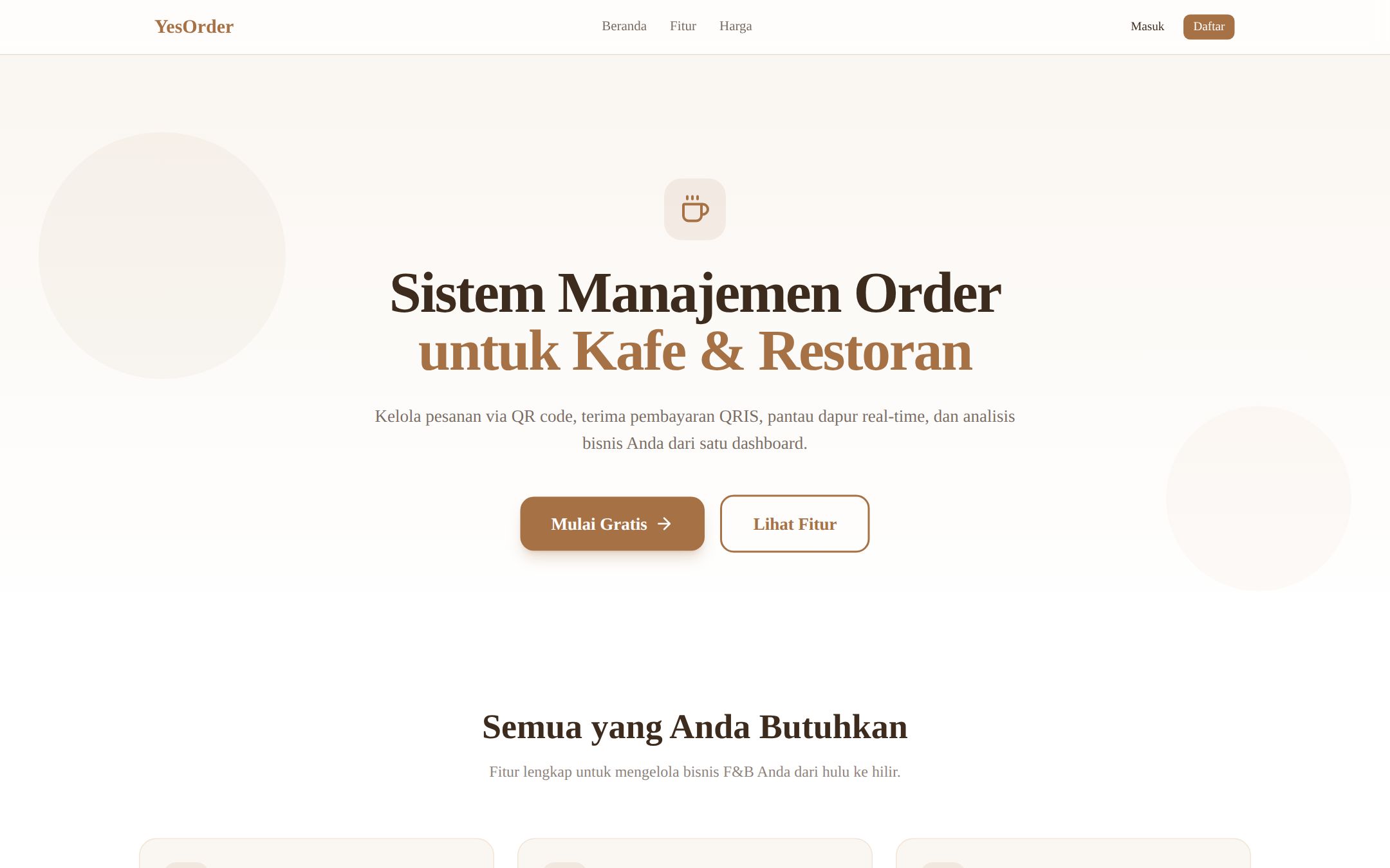 Halaman produk YesOrder: sistem manajemen order untuk kafe dan restoran